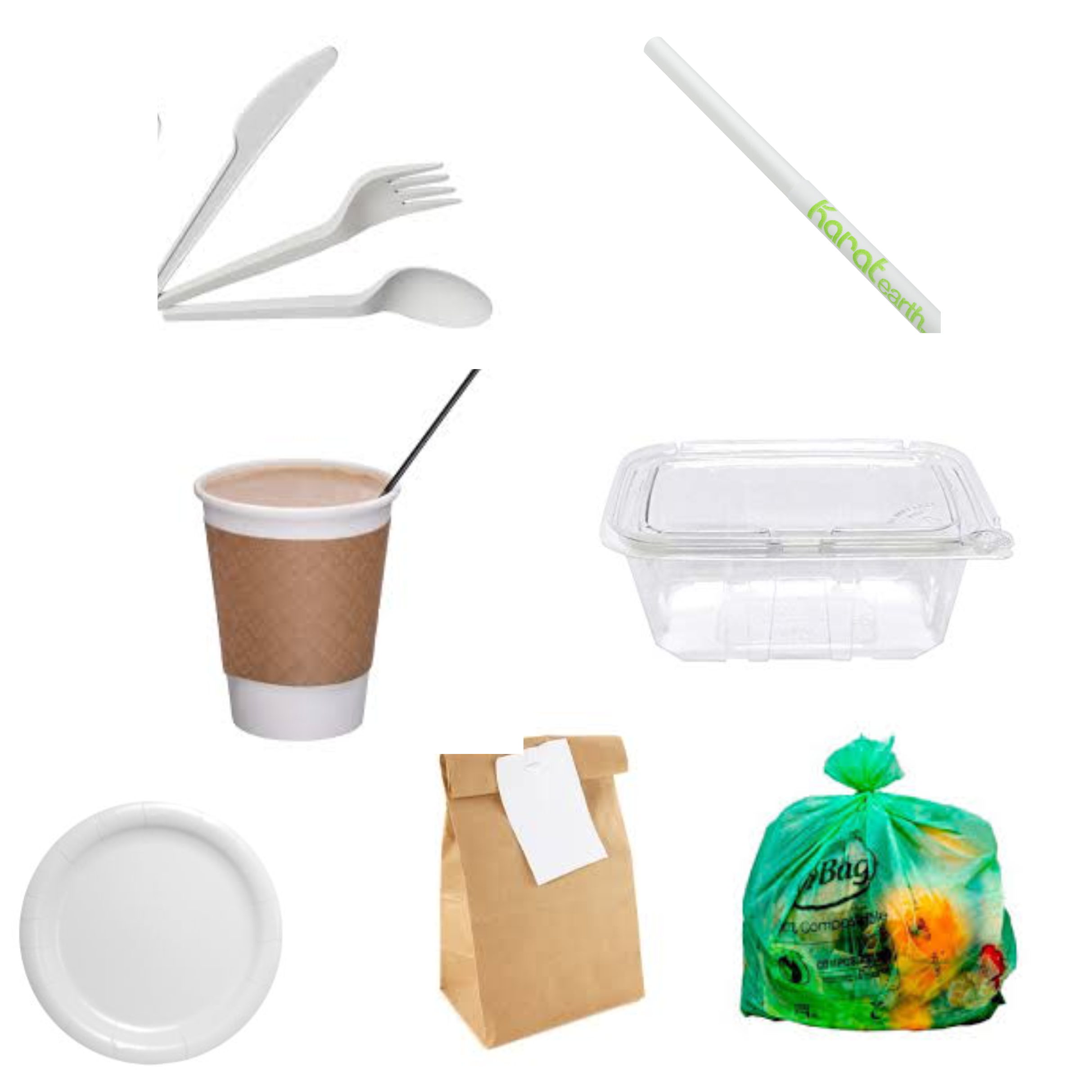 Green SingleUse, Recyclable or Compostable Foodware (Bags, Cold Cups